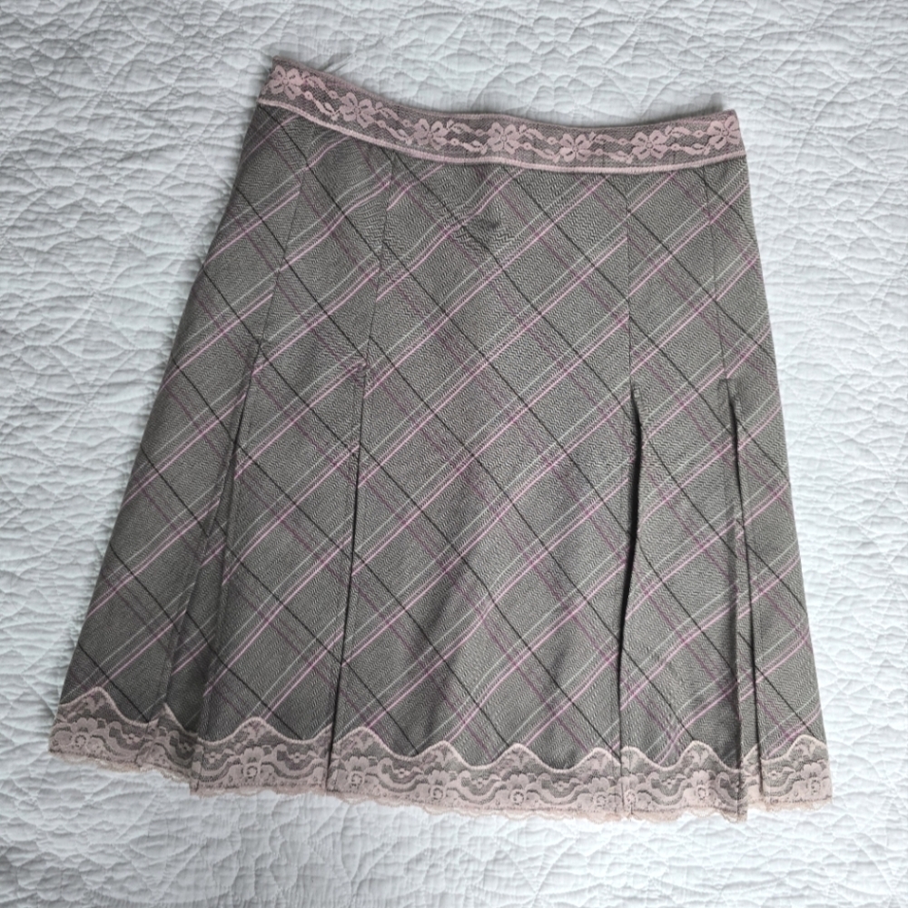 Etam Pink And Grey A-Line Plaid Lace Trim Pleated Knee Length Skirt